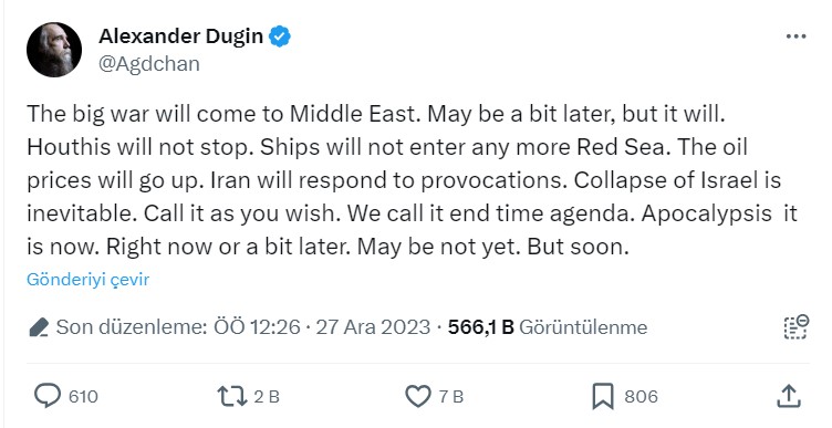 Alexander Dugin’in Sosyal Medya Hesabı X'ten Paylaşımı