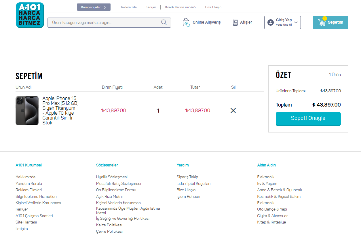 A101 Kopyası Site Sepeti