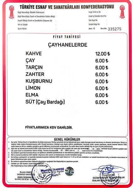 Çayhanelerde fiyat tarifesi 