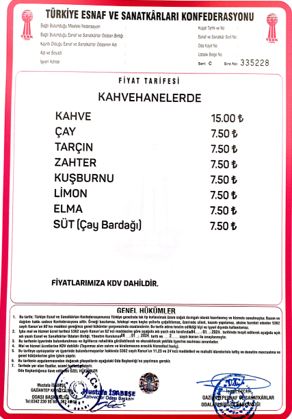 Kahvahanelrde fiyat tarifesi 