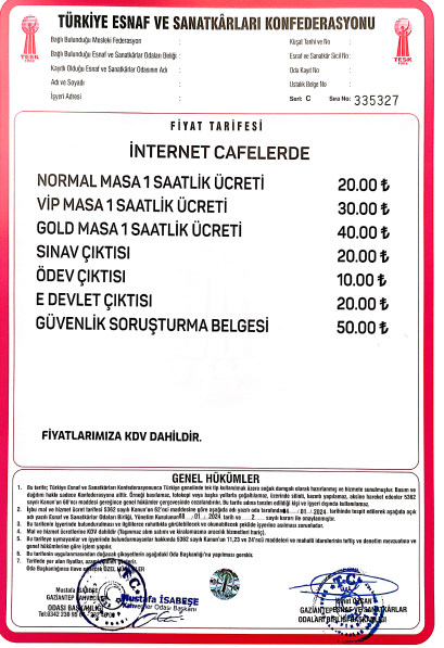 İnternet kafelerde fiyat tarifesi 