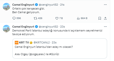 Cemal Enginyurt, canlı yayındaki bu açıklamasının ardından sosyal medya hesabından da dikkat çeken bir paylaşımda bulundu. Enginyurt, paylaşımında “Ortalık çok karışacak gibi. Ben Cemal geliyorum.” ifadelerini kullandı. Bu paylaşım, Enginyurt’un İstanbul adaylığını duyurduğu şeklinde yorumlanırken, siyasi kulislerde de heyecan yarattı. Enginyurt’un İstanbul adaylığı, Demokrat Parti’nin seçim stratejisini nasıl etkileyecek, merak konusu oldu.