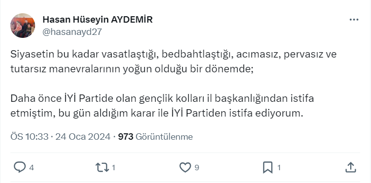 Hasan Hüseyin Aydemir İyi̇ Parti’den De Istifa Etti