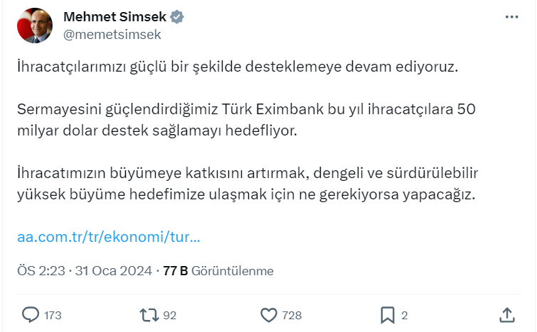 Hazine Ve Maliye Bakanı Mehmet Şimşek'in X'ten Paylaşımı