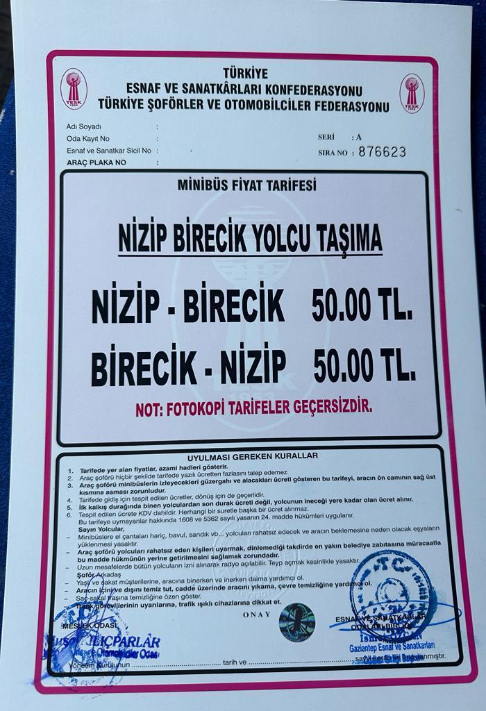 Nizip Birecik Arası Ulaşım Ücreti 50 Tl’ye Çıktı