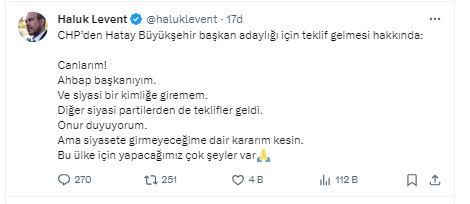 Haluk levent, adaylık teklifini reddetti!
