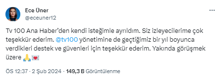 Üner, sosyal medya paylaşımında şu ifadeleri kullandı: “TV100 Ana Haber Bülteni’ndeki görevimden kendi kararım doğrultusunda ayrılıyorum. Siz değerli izleyicilerime çok teşekkür ederim. Geçtiğimiz bir yıl boyunca bana verdikleri destek ve güven için TV100 yönetimine de minnettarım. Yakın zamanda yeniden görüşmek dileğiyle.”