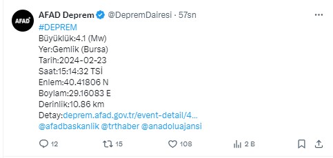 10 km derinliğinde meydana gelen deprem vatandaşlara korku dolu anlar yaşattı. 

Afet ve Acil Durum Yönetimi Başkanlığının (AFAD) internet sitesinde yer alan bilgiye göre, Bursa'nın Gemlik ilçesinde saat 15.14'te 4,1 büyüklüğünde deprem kaydedildi. Sarsıntı aralarında İstanbul'un da olduğu çevre illerden hissedildi. Deprem, yerin yaklaşık 10,86 kilometre derinliğinde gerçekleşti.
