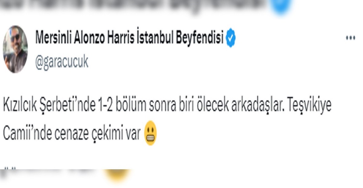 CENAZE SAHNESİ İDDİALARI: GERÇEK NE?
Ancak, sosyal medyada dolaşan bir paylaşım, dizinin sevenlerini endişelendirdi. Çekimlerin yapıldığı mekânın Camii civarında olduğunu iddia eden bir kullanıcı, "Kızılcık Şerbeti'nde 1-2 bölüm sonra biri ölecek arkadaşlar. Teşvikiye Camii'nde cenaze çekimi var" şeklinde bir paylaşım yaptı. Ardından hatasını düzelttiğini ifade eden kullanıcı, çekimlerin Camii'nin yanındaki bir mekânda yapıldığını belirtti.
