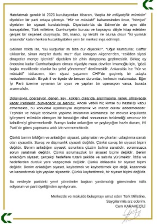 İYİ PARTİ'DEN İSTİFA
Sonuç olarak, Karakeçili, partideki yerel yönetimler başkan yardımcılığı görevinden istifa ettiğini ve parti üyeliğinden ayrıldığını duyurdu. Türk Milleti'ne ise merkezde ve makulde buluşmayı umut ettiğini belirterek, saygılarını sundu.
