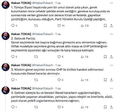 TOKAÇ'IN AÇIKLAMALARI VE ELEŞTİRİLER: "İLKESEL KARARLAR UYGULANMIYOR"
Siyasi hayata yeni bir umut olarak başlayan Gelecek Partisi'nin, seçimler sonrasında CHP ile birlikte hareket etmemesi kararı, parti içinde tartışmalara neden oldu. Hakan Tokaç, sosyal medya duyurusunda, ilkesel kararların uygulanmadığını, iç muhasebe ve istişare kanallarının kapalı olduğunu belirterek istifasını açıkladı.
