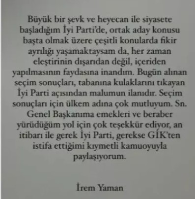 Bilge Yılmaz’ın ardından bir istifa daha geldi. İYİ Parti Genel İdare Kurulu Üyesi İrem Yaman, sosyal medya hesabından istifa ettiğini duyurdu. Yaman’ın istifa açıklaması büyük yankı uyandırdı.