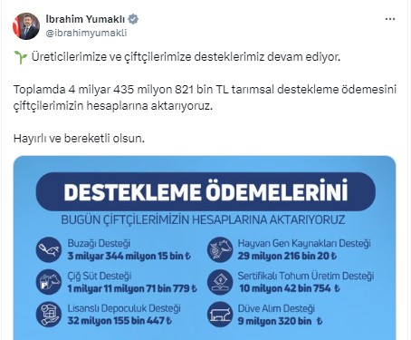 Yumaklı, bu ödemelerin içerisinde 3 milyar 344 milyon 15 bin lira buzağı desteği, 1 milyar 11 milyon 71 bin 779 lira çiğ süt desteği, 32 milyon 155 bin 447 lira lisanslı depoculuk desteği, 29 milyon 216 bin 20 lira hayvan gen kaynakları desteği, 10 milyon 42 bin 754 lira sertifikalı tohum üretim desteği ve 9 milyon 320 bin lira düve alım desteği olduğunu belirtti.