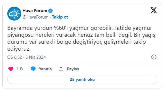 Son yapılan açıklamada Türkiye’nin büyük bir bölümünün bayram boyunca yağış altında olacağı belirtildi.

Hava Forum tarafından yapılan duyuruda, “Bayramda yurdun büyük bir bölümü yağmur görebilir. Tatilde yağmur piyangosu nereleri vuracak henüz tam belli değil. Bir yağış durumu var sürekli bölge değiştiriyor, gelişmeleri takip ediyoruz.” denildi. Yağışın beklendiği şehirler arasında İstanbul ve Ankara da bulunuyor.