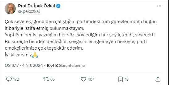 Özkal, istifasını duyururken yaptığı açıklamada, “Çok severek ve gönülden çalıştığım partimdeki tüm görevlerimden bugün itibariyle ayrılmış bulunmaktayım. Yaptığım her iş, yazdığım her söz, söylediğim her şey içten ve severek yapıldı. Bu süreçte bana desteğini ve sevgisini esirgemeyen herkese, parti emekçilerimize çok teşekkür ederim. İyi ki varsınız” ifadelerini kullandı.
