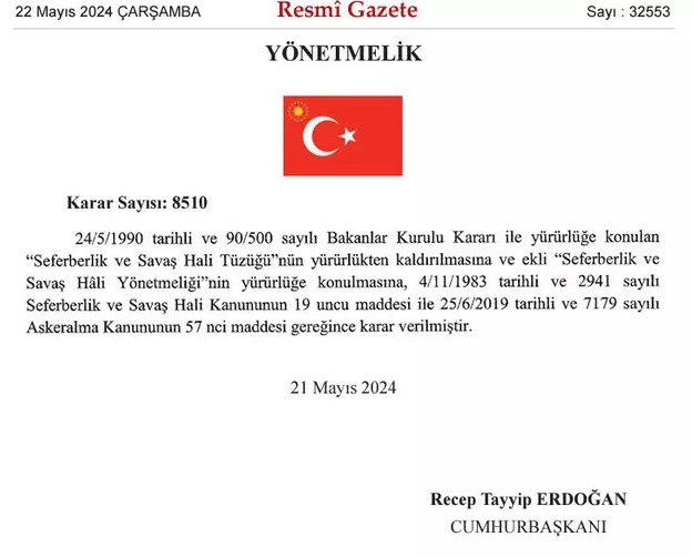 Cumhurbaşkanı Erdoğan İmzaladı! Seferberlik ve Savaş Hali Yönetmeliği Yürürlüğe Girdi!