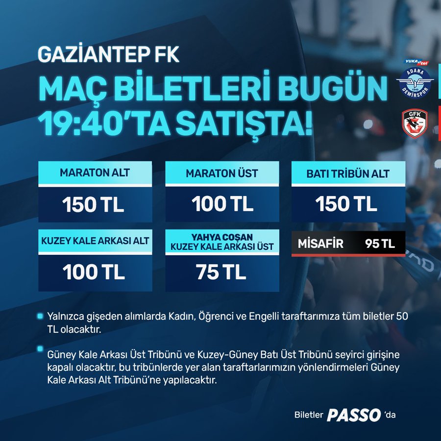 Gaziantep FK - Y. Adana Demirspor Maçının Biletleri Satışa Çıktı