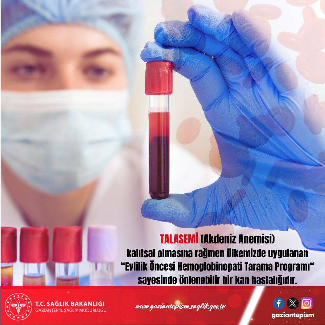 GAZİANTEP İL SAĞLIK MÜDÜRLÜĞÜ UYARDI

Gaziantep İl Sağlık Müdürlüğü tarafından Talasemi (Akdeniz Anemisi) günü sebebiyle yapılan açıklama şu şekilde:
“Talasemi (Akdeniz Anemisi) kalıtsal bir hastalıktır.  
Vücutta kan hücrelerinin üretimini etkiler. 
Evlilik öncesi tarama ve doğum öncesi tanı testleri ile görülme sıklığı azaltılabilir. - Talasemi Tarama testi hakkında aile hekiminizden bilgi alabilirsiniz.”
