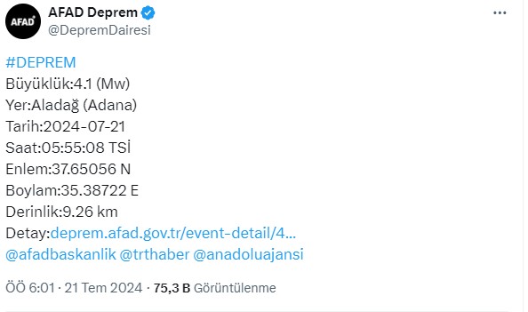 Adana'da 4.1 Büyüklüğünde Deprem