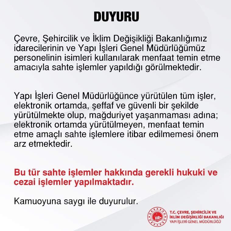 Çevre Ve Şehircilik Bakanlığından Dolandırıcılık Uyarısı