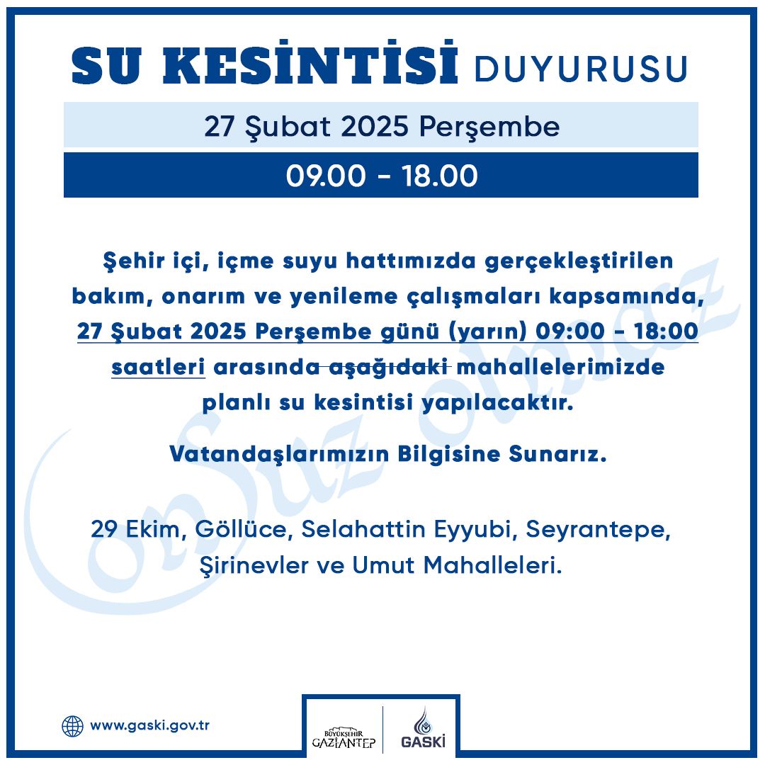 Gazi̇antep’te Planli Su Kesi̇nti̇si̇ Uygulanacak